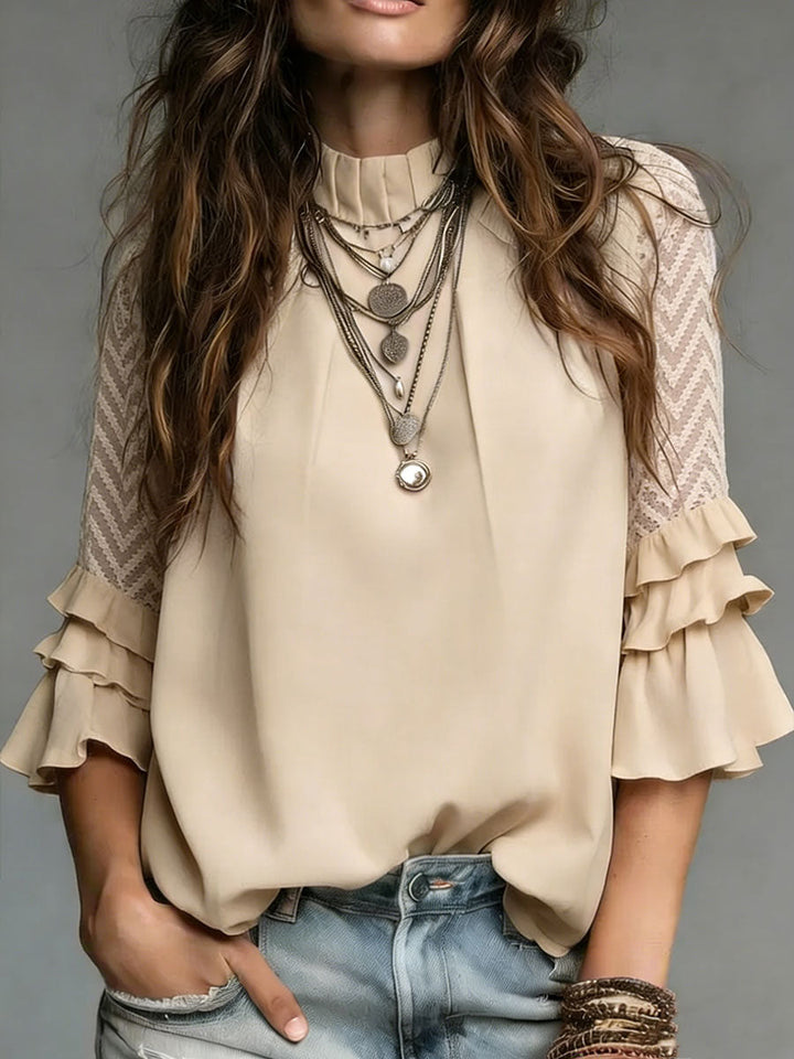 Women's Linen Blend Stand Collar Half-Sleeve Blouse