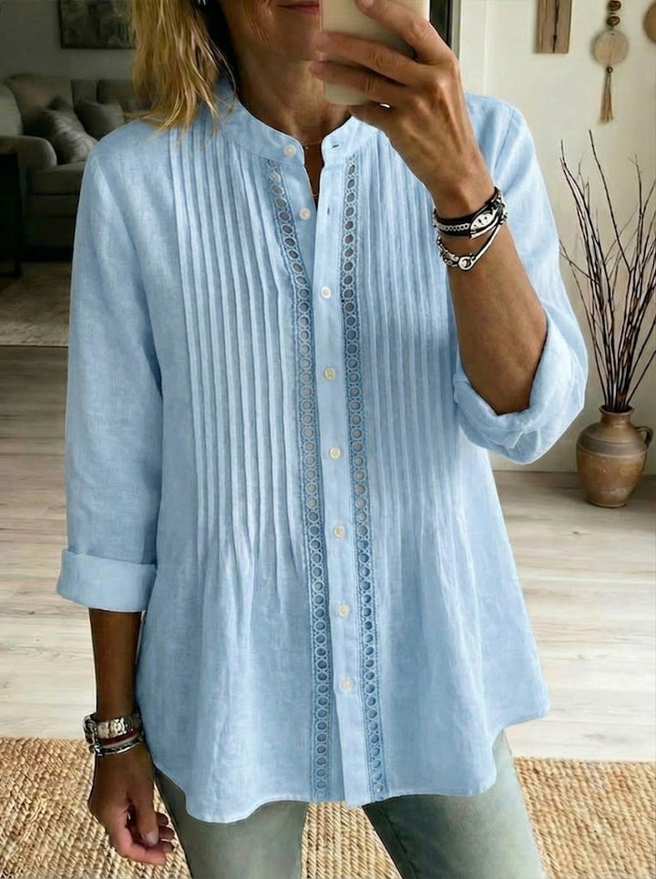 Women's Linen Blend Pleated Tunic Shirt Henley Blouse