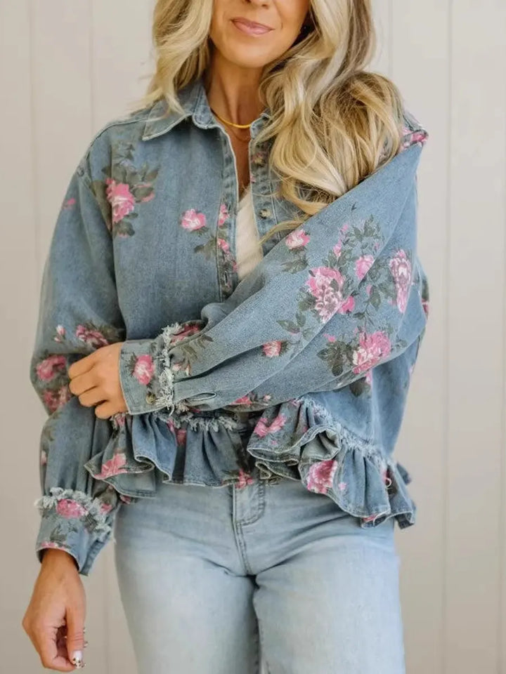 Women Denim Embroidered Ruffle Jacket