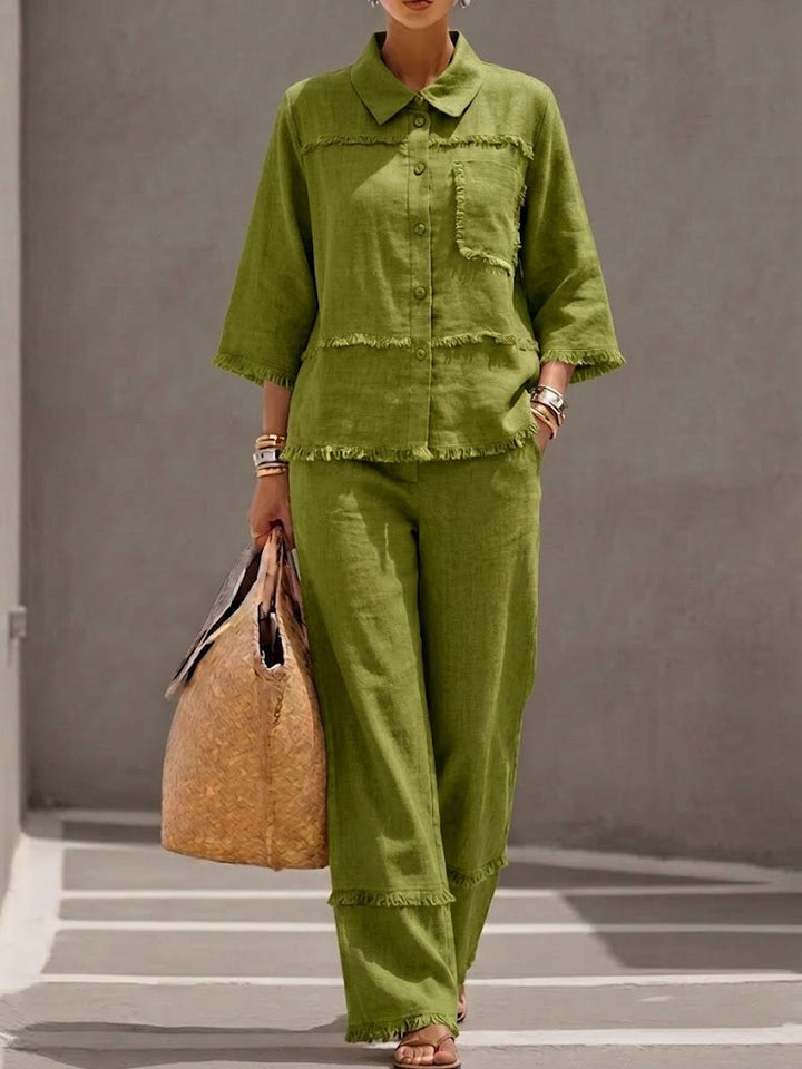 Women's Two Piece Linen Set Wide Leg Trousers and Button Down Shirt