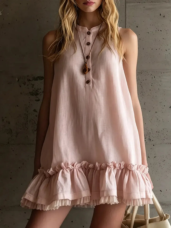 Women’s Linen Sleeveless Smock Dress Mini Ruffle Hem Tunic