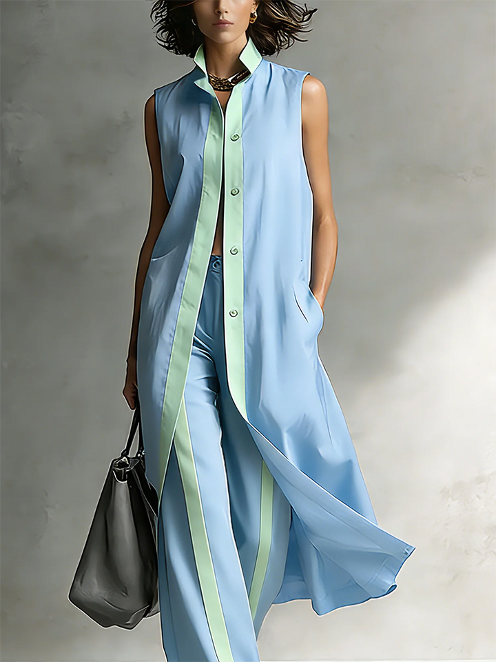 Women's Linen Sleeveless Maxi Shirt and Wide Leg Trousers Set