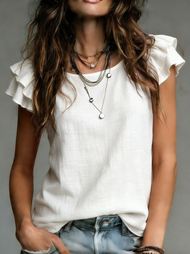 Women's Ruffle Sleeve Linen Blouse Casual Lightweight Top