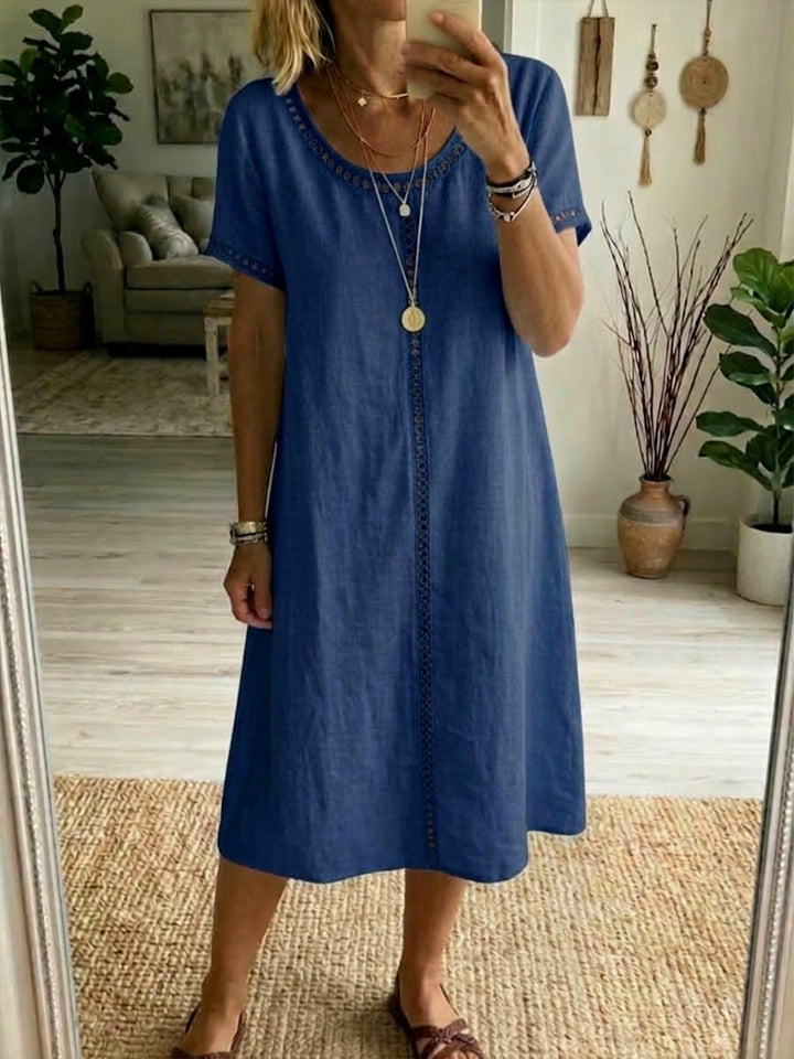 Women's Linen Look Loose Fit Short Sleeve Midi Shift Dress