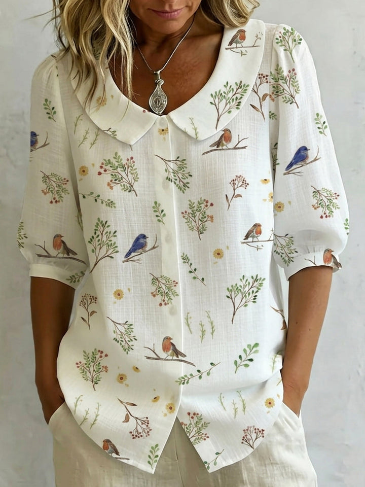 Women's Linen Blouse Bird Print Button Up Shirt Top