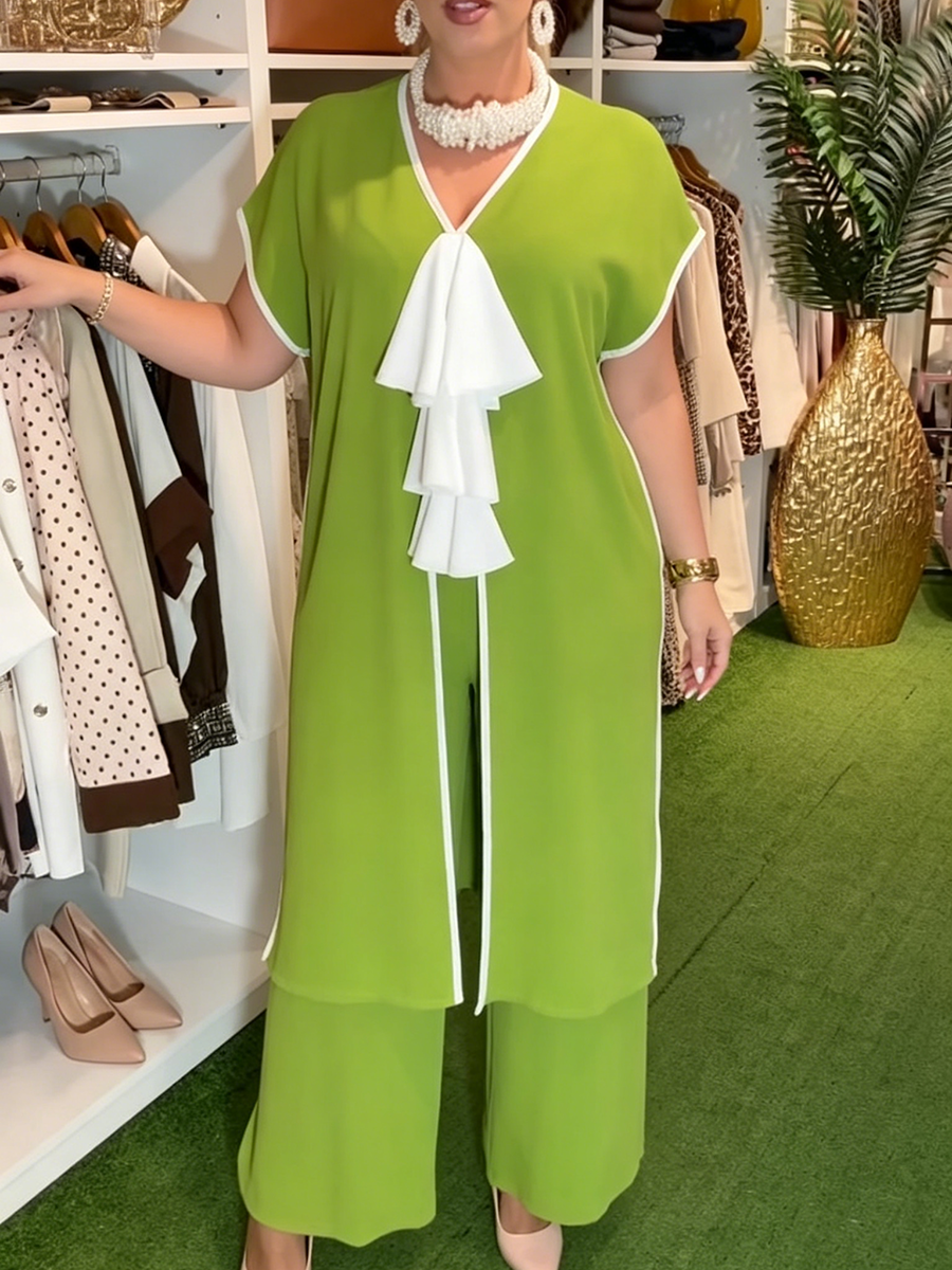 Women's Chiffon Ruffle Trim Tunic and Wide Leg Trousers Two Piece Set