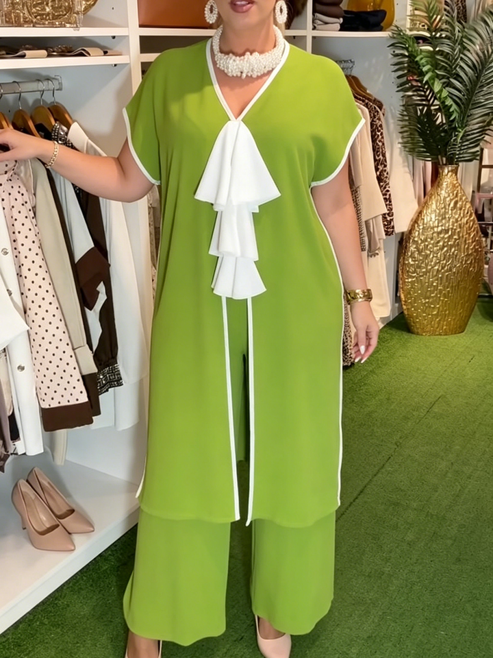 Women's Chiffon Ruffle Trim Tunic and Wide Leg Trousers Two Piece Set