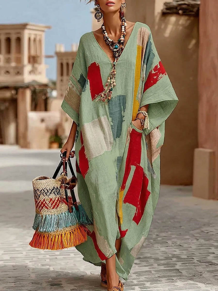 Women's Linen Kaftan V-Neck Oversized Maxi Dress