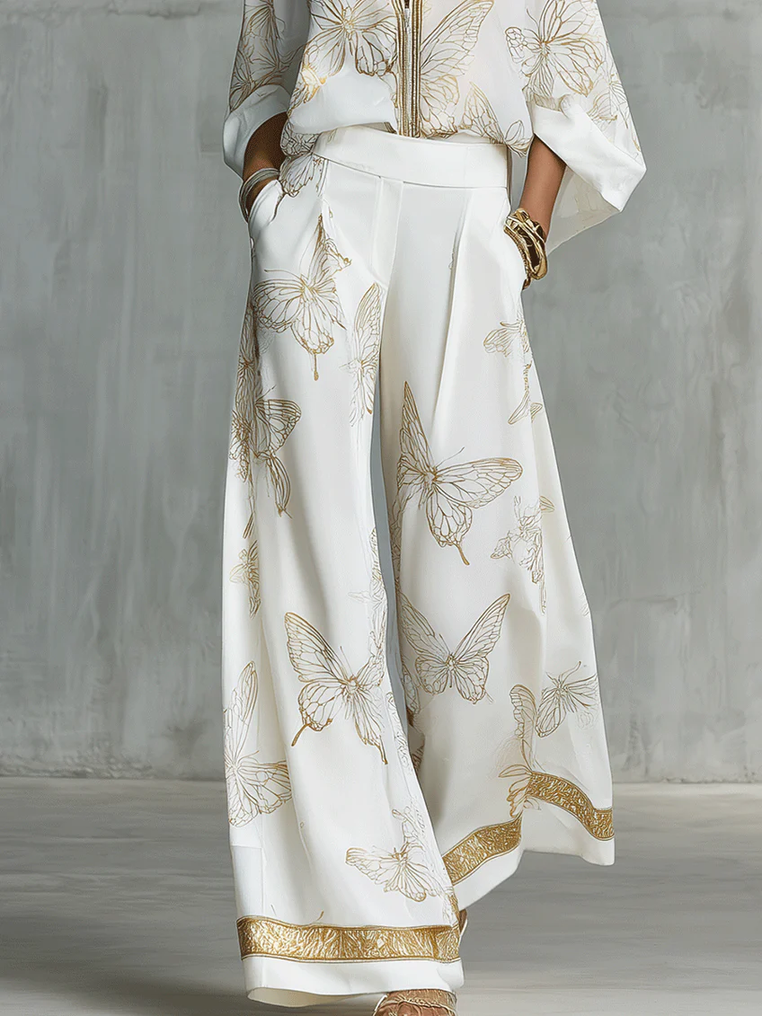 Women's Linen Wide Leg Trousers and Butterfly Print Shirt Set