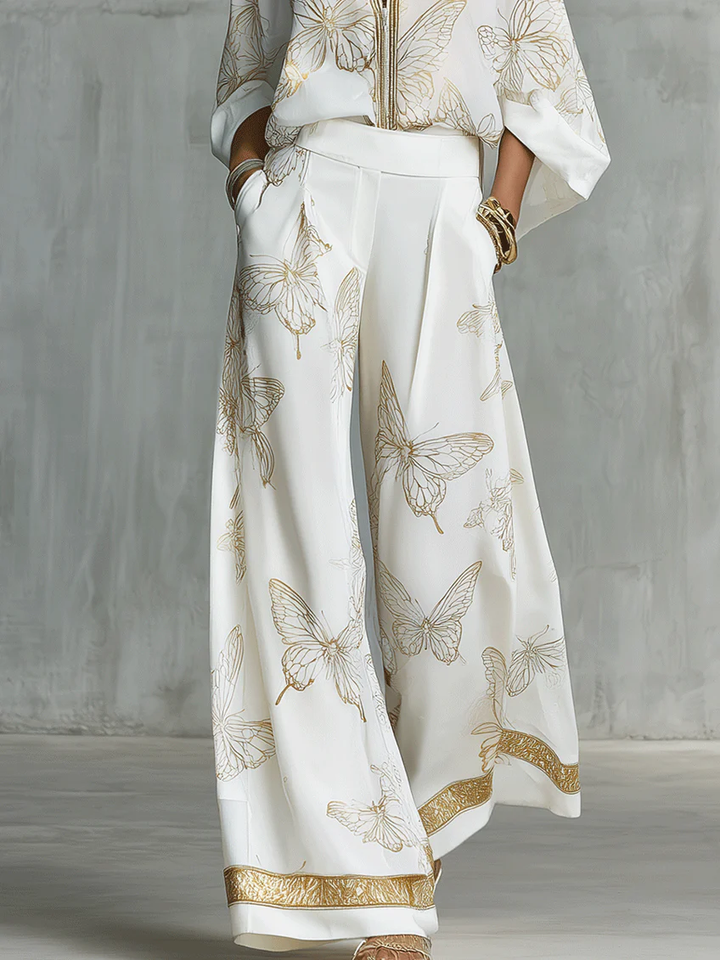 Women's Linen Wide Leg Trousers and Butterfly Print Shirt Set