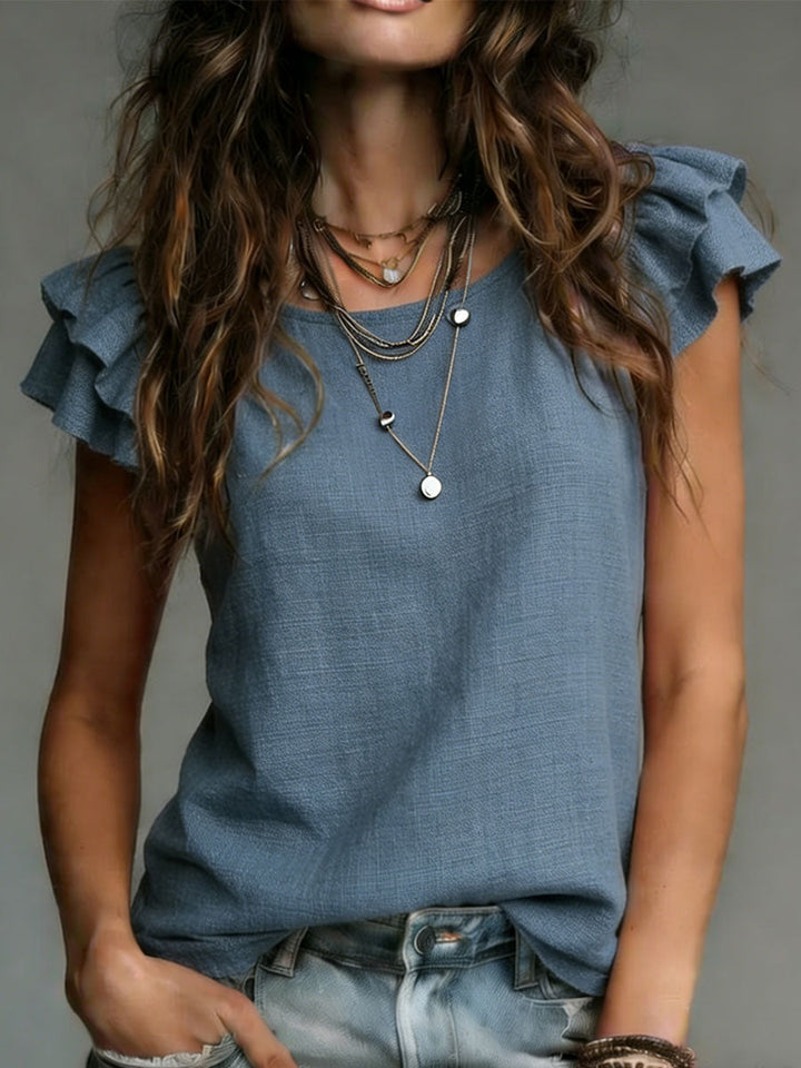 Women's Ruffle Sleeve Linen Blouse Casual Lightweight Top