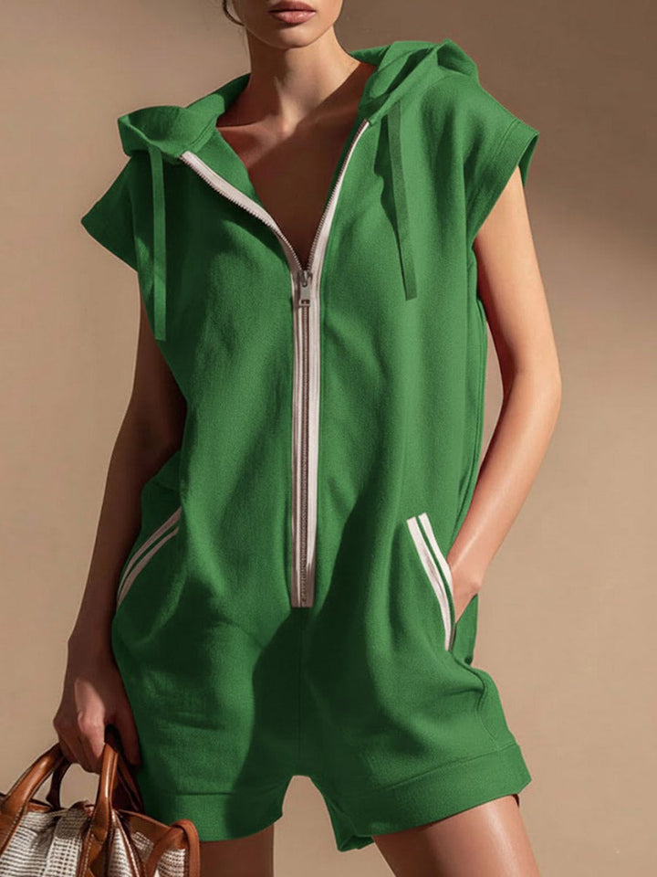 Women's Fleece Sleeveless Hooded Romper Zip Up Jumpsuit