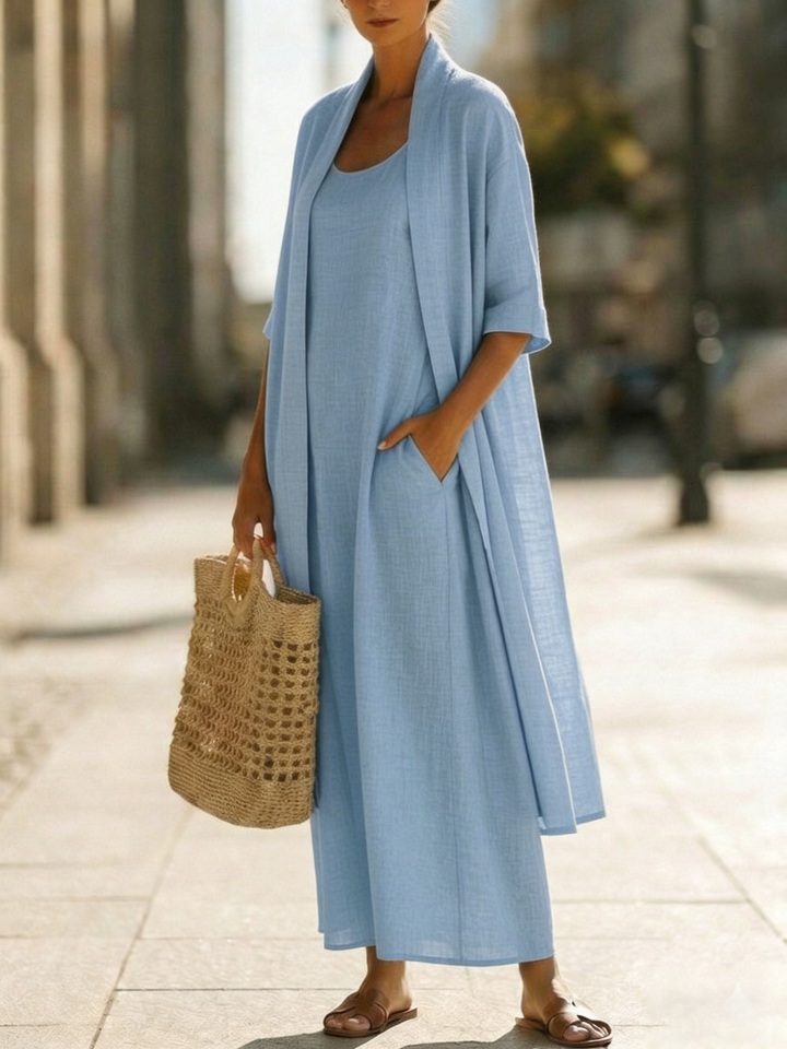 Women's Linen Maxi Dress and Cardigan Two Piece Set