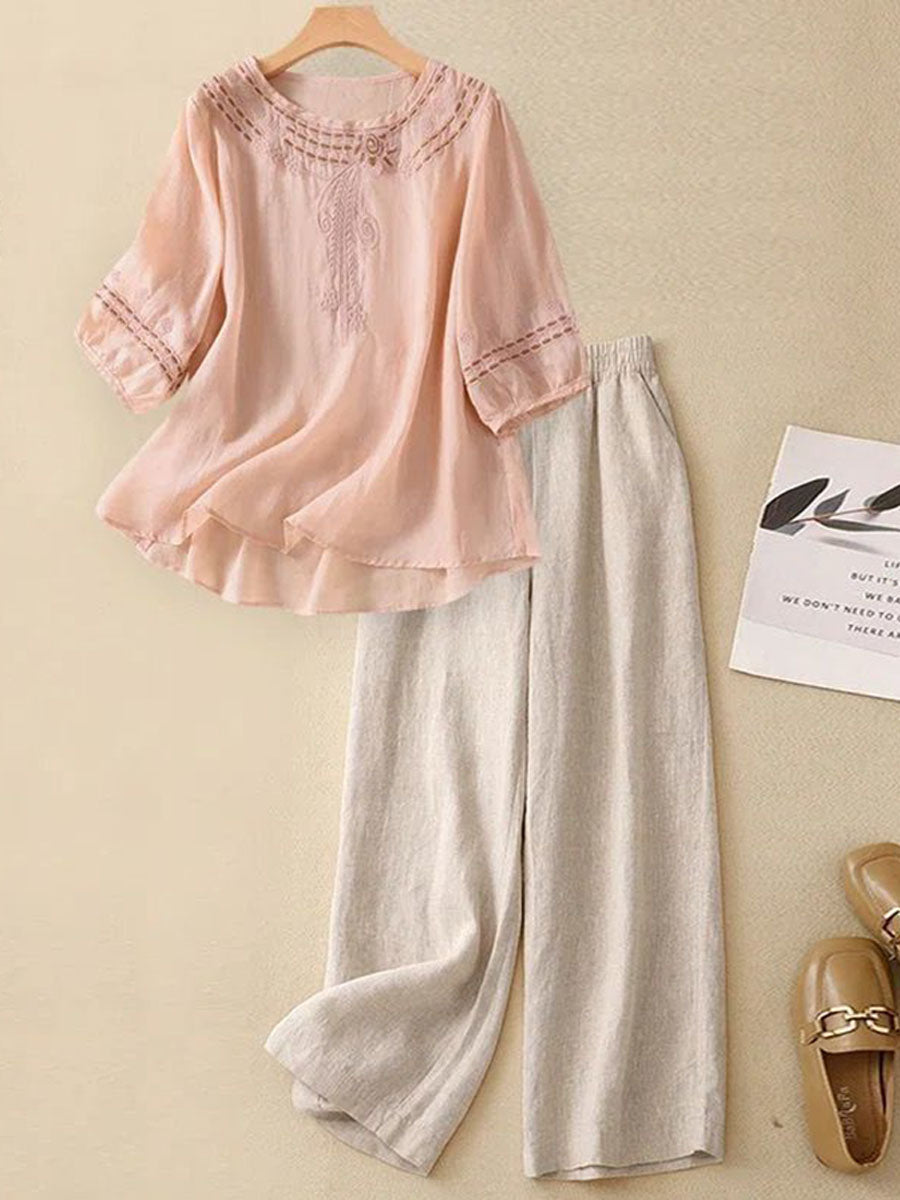 Women's Linen Two Piece Set Long Sleeve Top and Wide Leg Pants