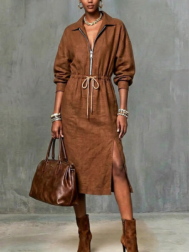Women's Linen Zip Collar Midi Shirt Dress