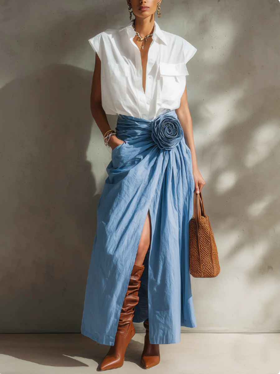Women's Linen Blend Floral Detail Wrap Maxi Skirt