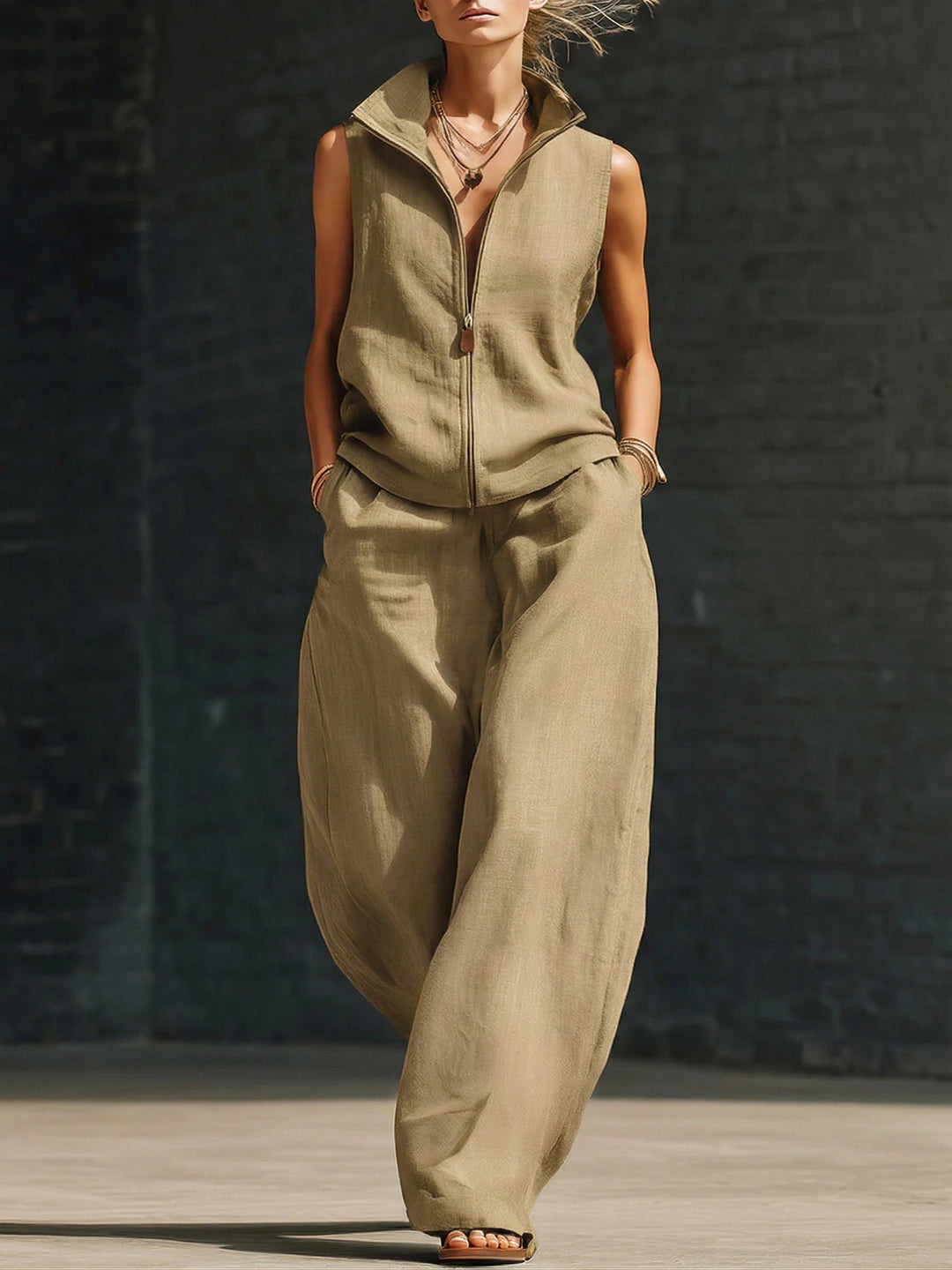 Women's Linen Sleeveless Zip Up Wide Leg Jumpsuit One Piece Overalls