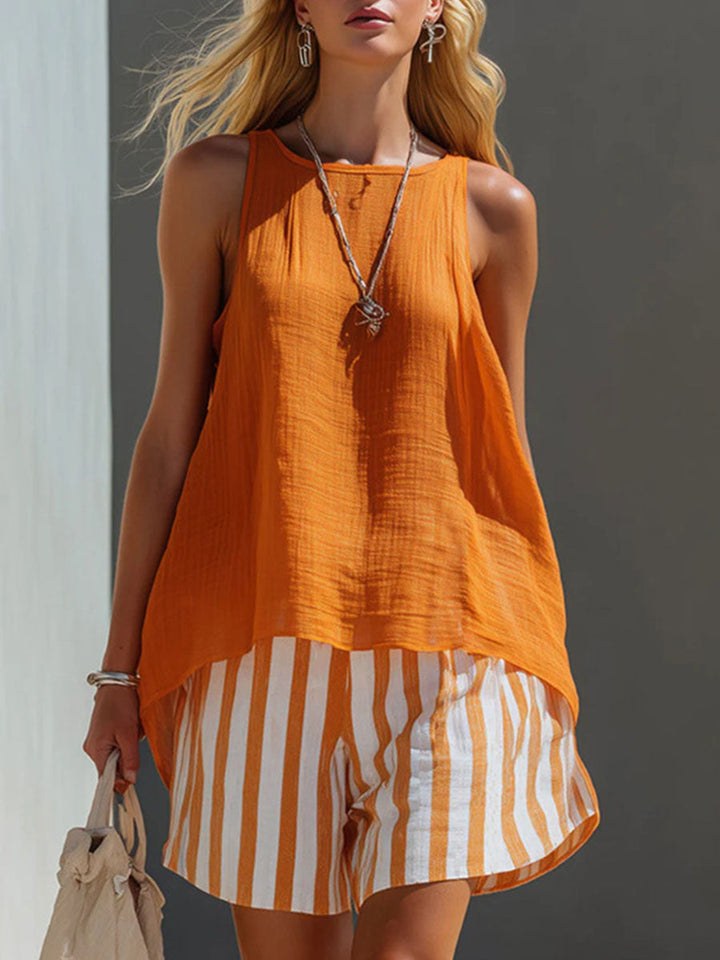 Women's Two-Piece Set Linen Tank Top & Striped Shorts
