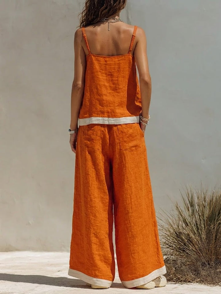 Women's Linen Two-Piece Vacation Set Square-Neck Top & Wide Leg Pants