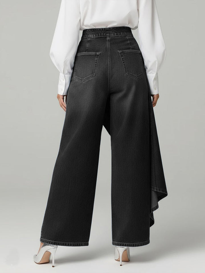 Women's Denim Wide Leg Ruffle Skirt Overlay Jeans High Waisted Trousers