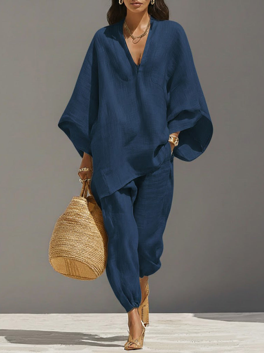 Women Linen V Neck Poncho Top and Joggers Two Piece Set