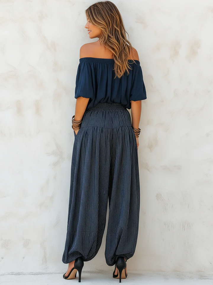 Women's Off-Shoulder Striped Linen Two-Piece Set
