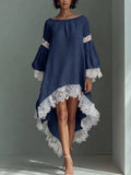 Women's Linen Lace High-Low Smock Dress Boho Tunic