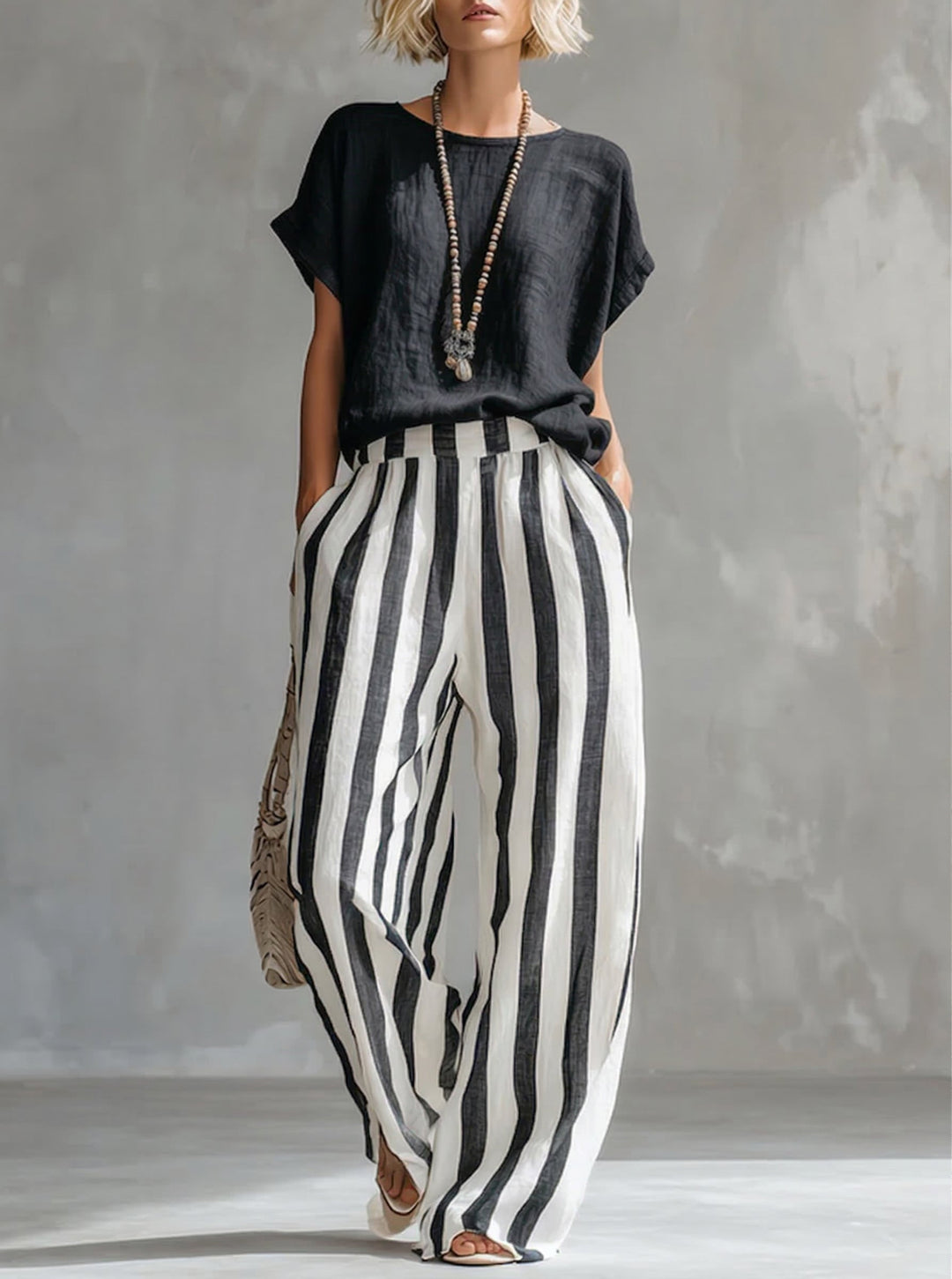 Women's Linen Two-Piece Set Striped Wide Leg Trousers and Short Sleeve Top