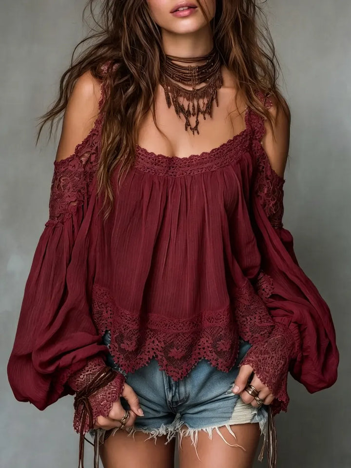 Women's Boho Off-Shoulder Linen Blouse Flowy Lantern Sleeve Top