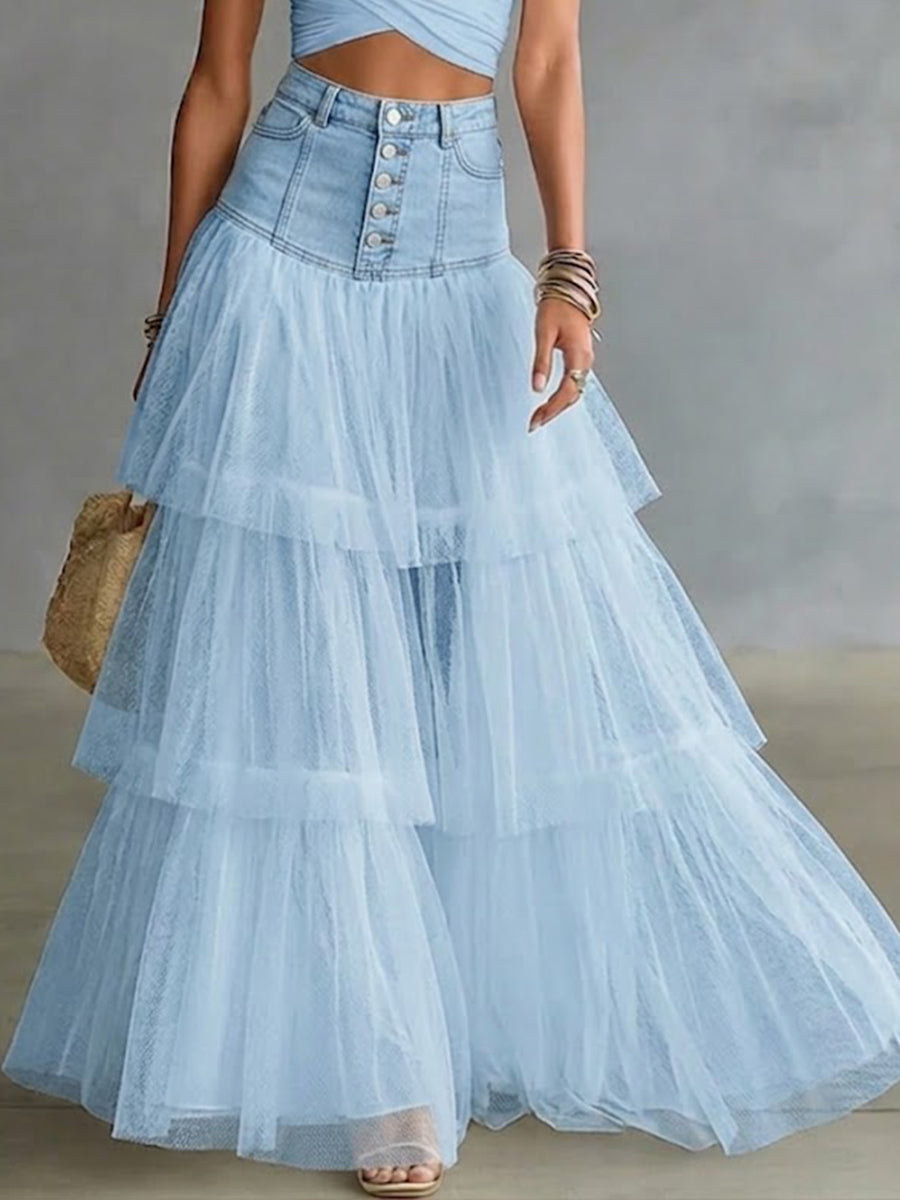 Women's Denim and Tulle Tiered Maxi Skirt