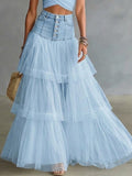 Women's Denim and Tulle Tiered Maxi Skirt