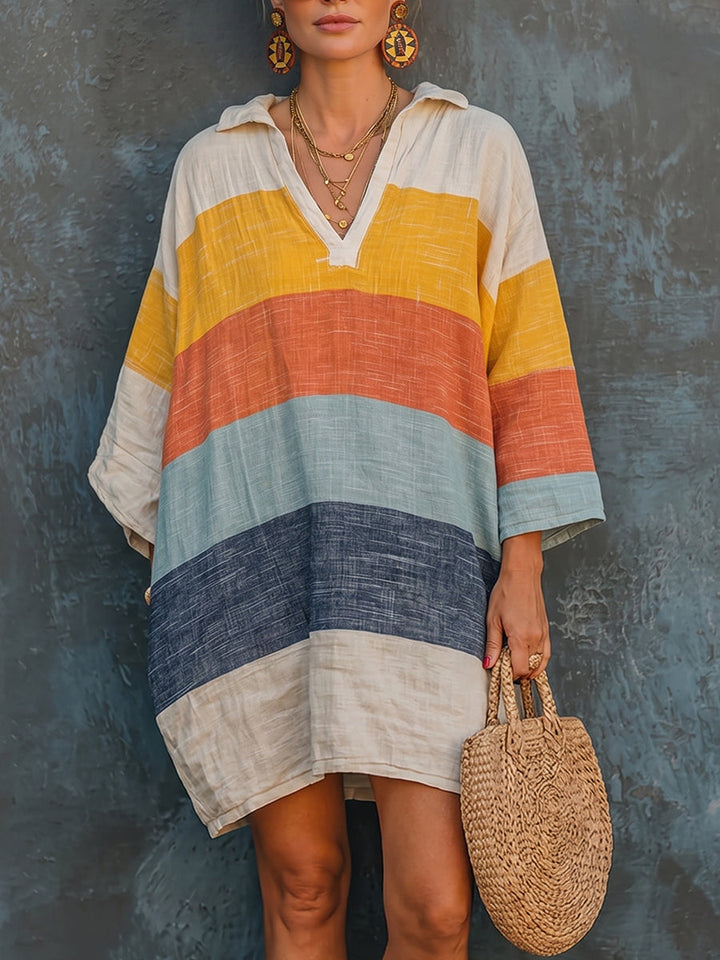 Women's V-Neck Wide Sleeve Striped Linen Beach Mini Shirt Dress