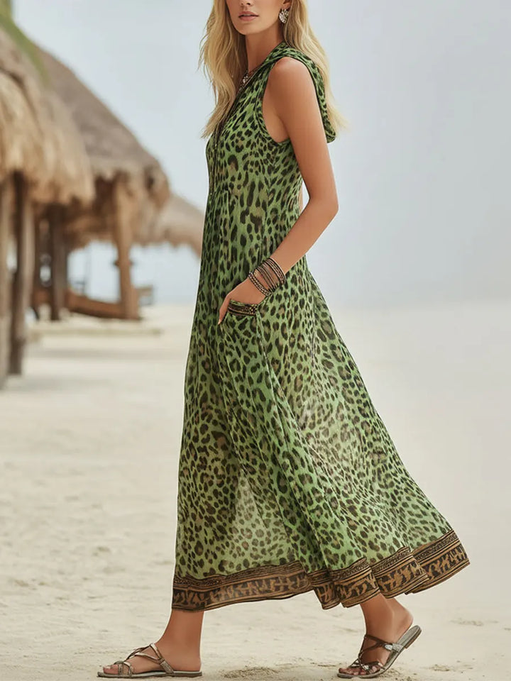 Women's Chiffon Leopard Print Sleeveless V-Neck Maxi Dress