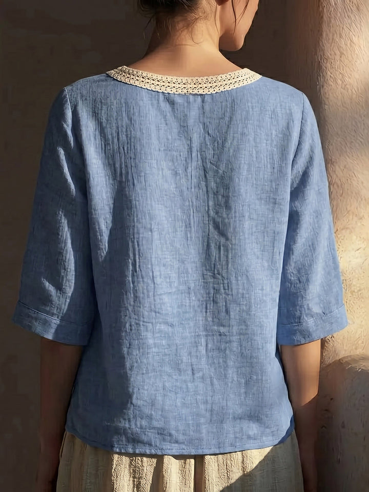 Women's Linen Blouse Lace Short Sleeve Scoop Neck Top