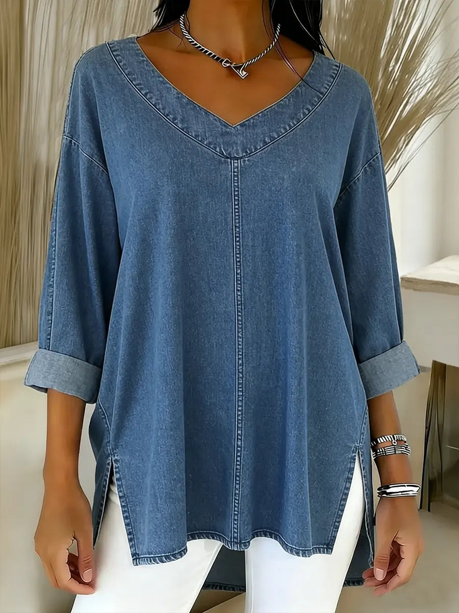 Women Denim V-Neck Tunic Blouse T-Shirt