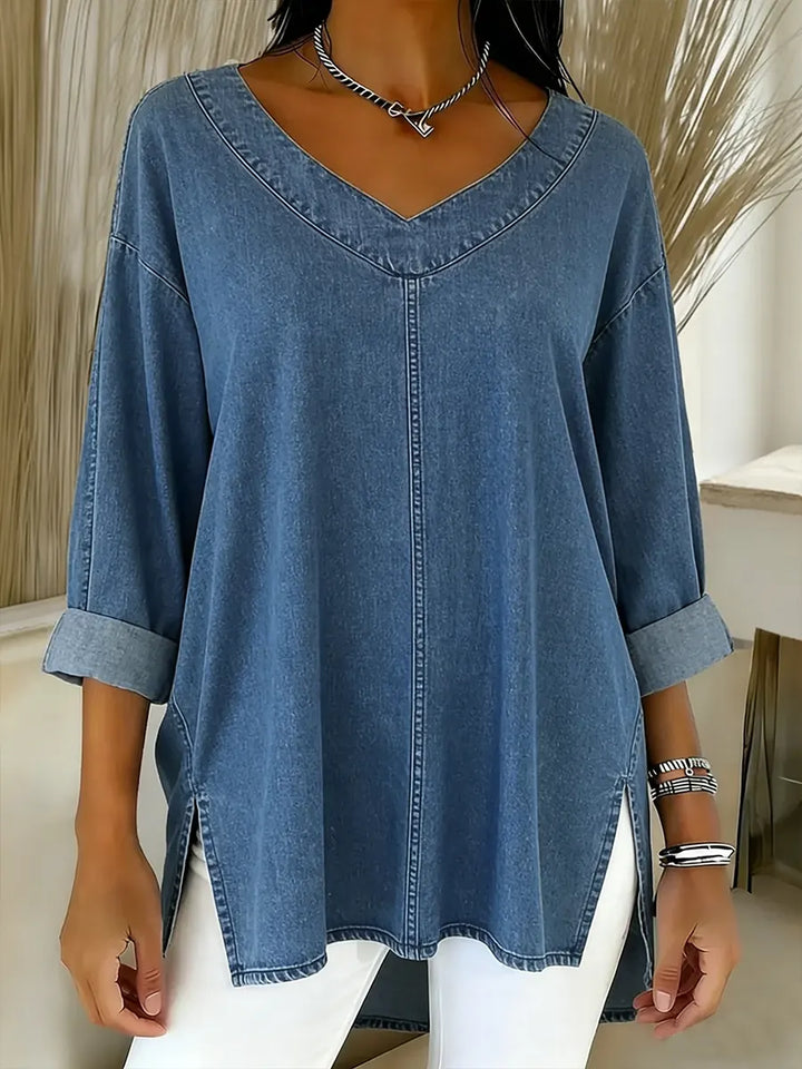 Women Denim V-Neck Tunic Blouse T-Shirt