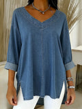 Women Denim V-Neck Tunic Blouse T-Shirt