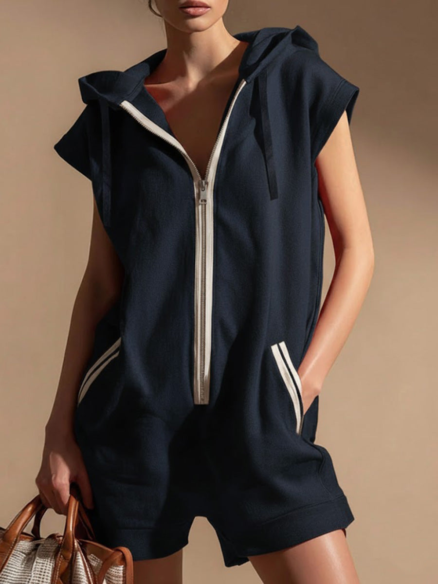 Women's Fleece Sleeveless Hooded Romper Zip Up Jumpsuit
