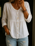 Women's Linen V Neck Button Up Long Sleeve Smock Blouse Top