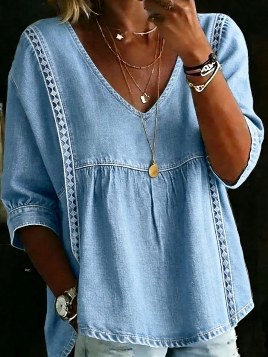 Women's Denim V-Neck Peplum Tunic Top