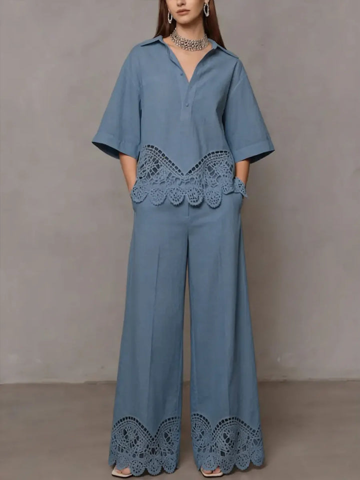 Women's Linen Blend V-Neck Top and Wide Leg Trousers Co-ord Set