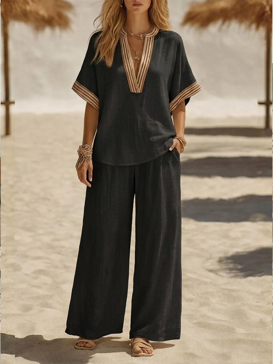 Women's Linen Two Piece Set Wide Leg Trousers and V Neck Top Co-ord
