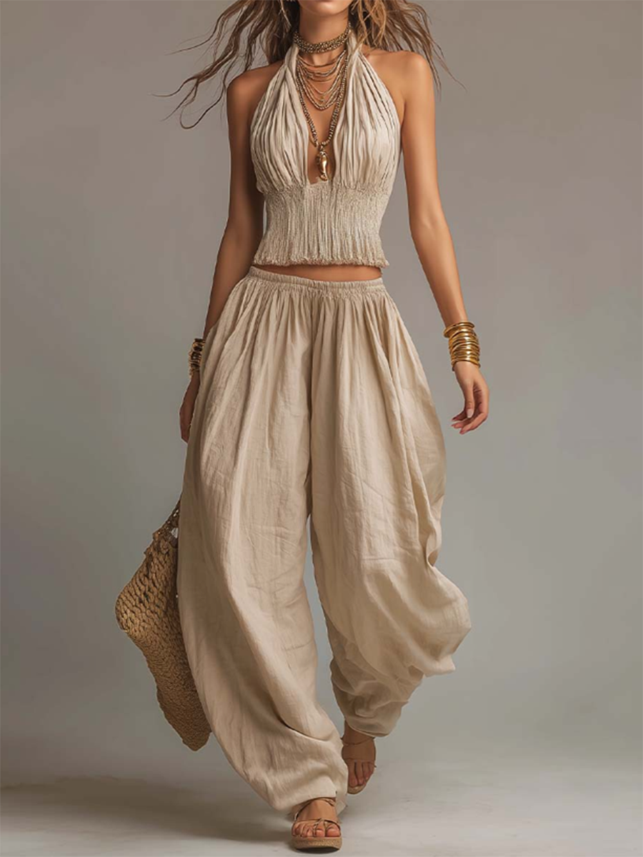 Women's Linen Halter Neck Top and Harem Trousers Two Piece Set