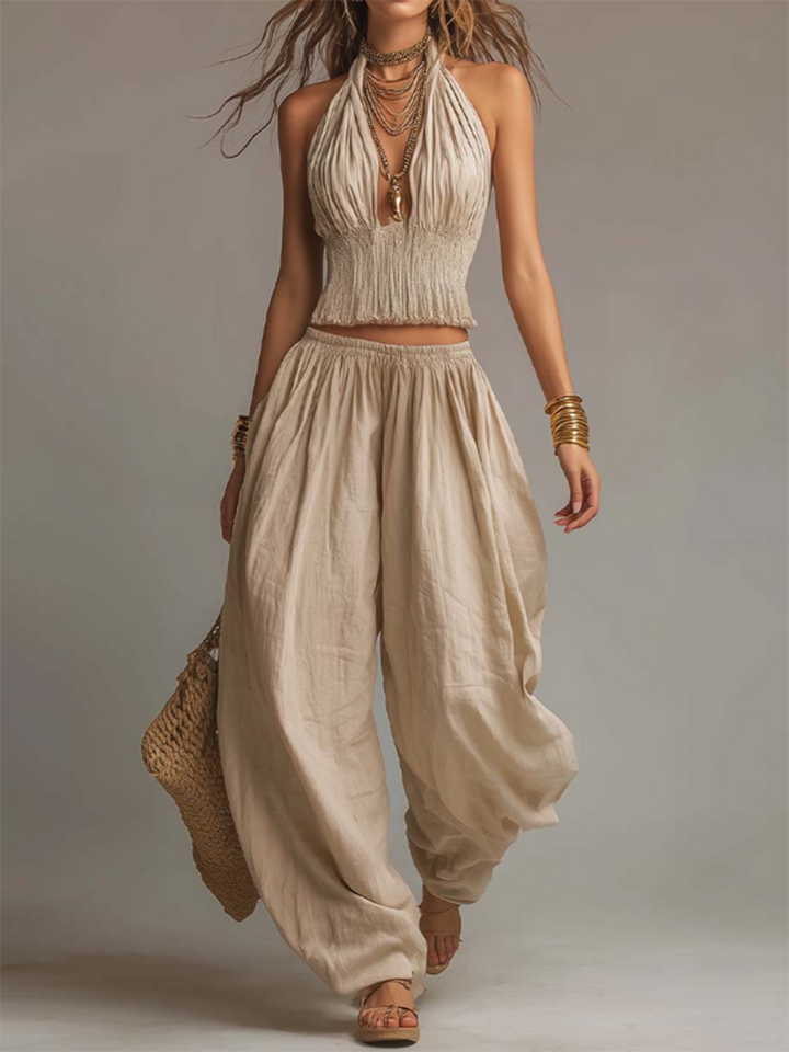 Women's Linen Halter Neck Top and Harem Trousers Two Piece Set