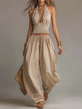 Women's Linen Halter Neck Top and Harem Trousers Two Piece Set