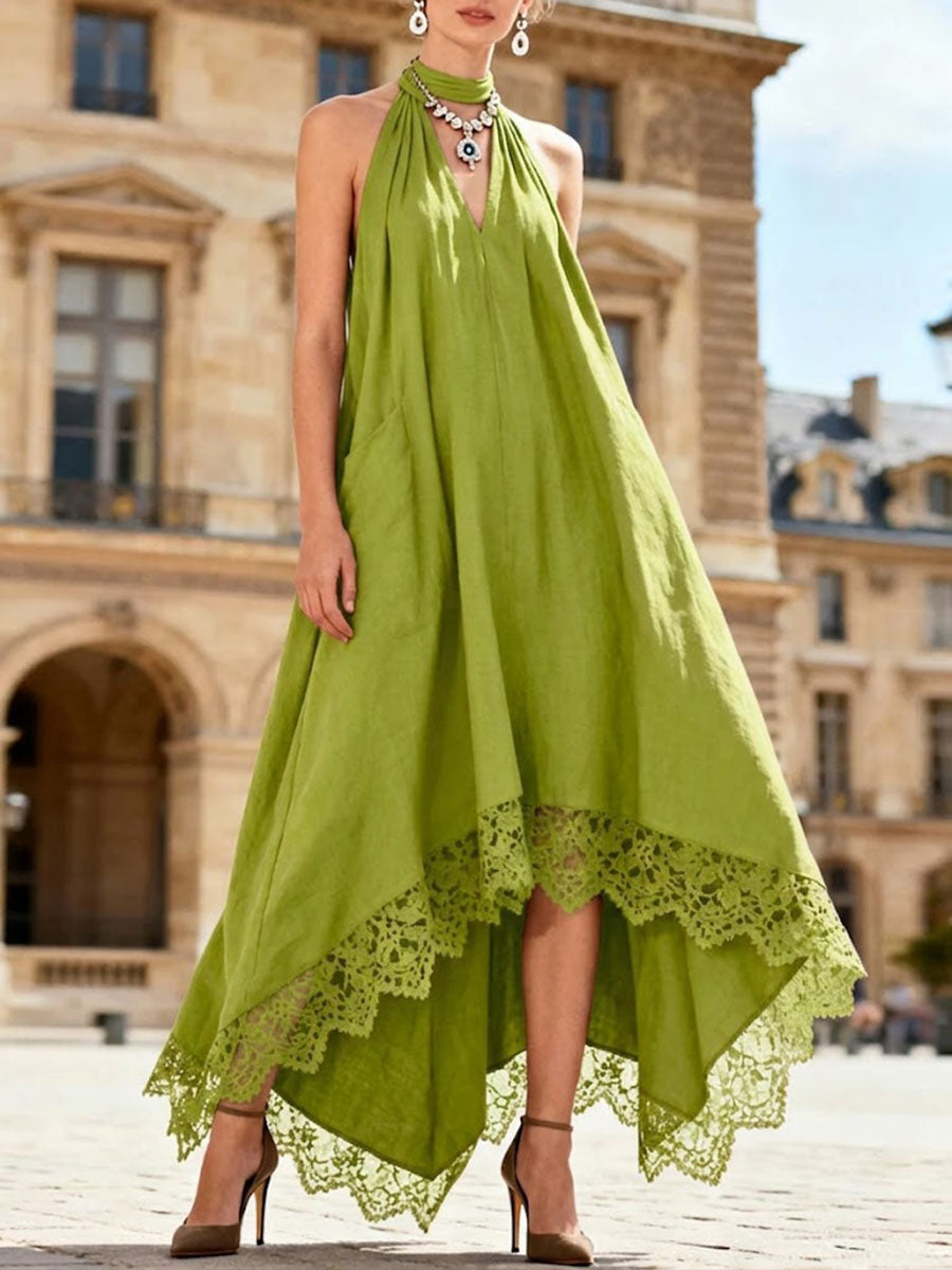 Women's Linen Halter Neck High Low Hem Evening Maxi Dress