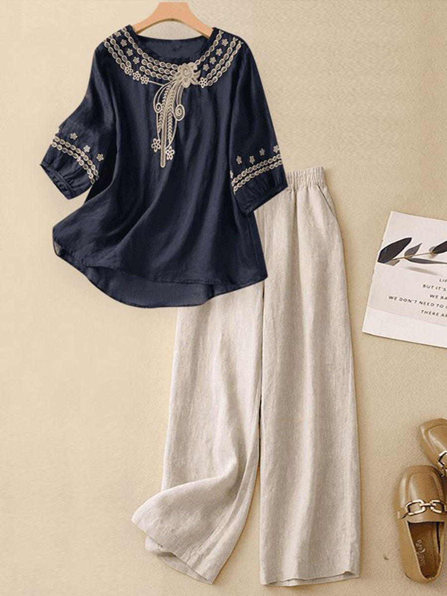 Women's Linen Two Piece Set Long Sleeve Top and Wide Leg Pants