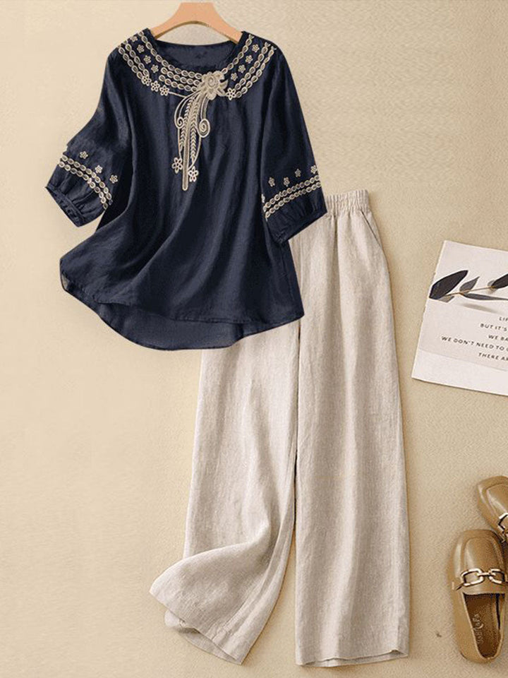 Women's Linen Two Piece Set Long Sleeve Top and Wide Leg Pants