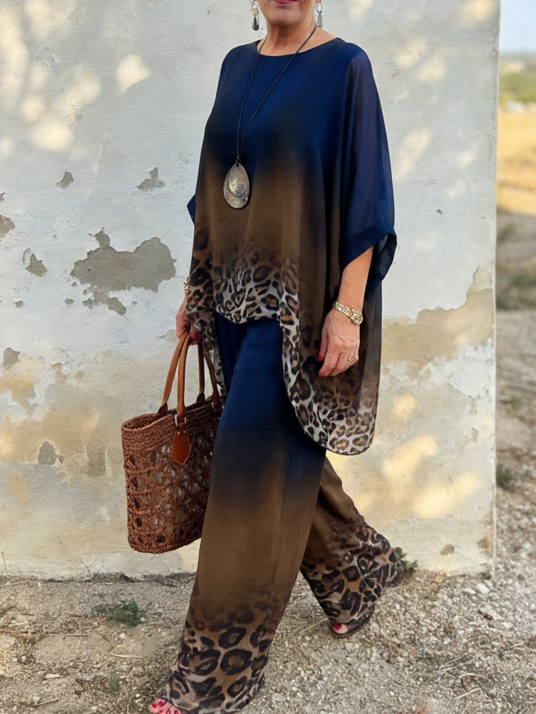 Women's Chiffon Tunic and Wide Leg Trousers Two Piece Set