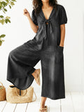Women's Denim Wide Leg Jumpsuit With Puff Sleeves Front Tie